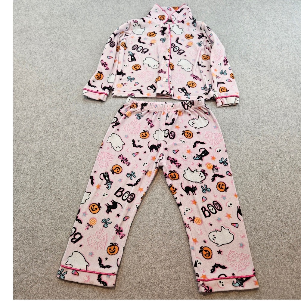 TRICK OR TREAT SLEEP Pajama Set Girls 3T Pink Halloween Spooky Ghost Fleece PJs